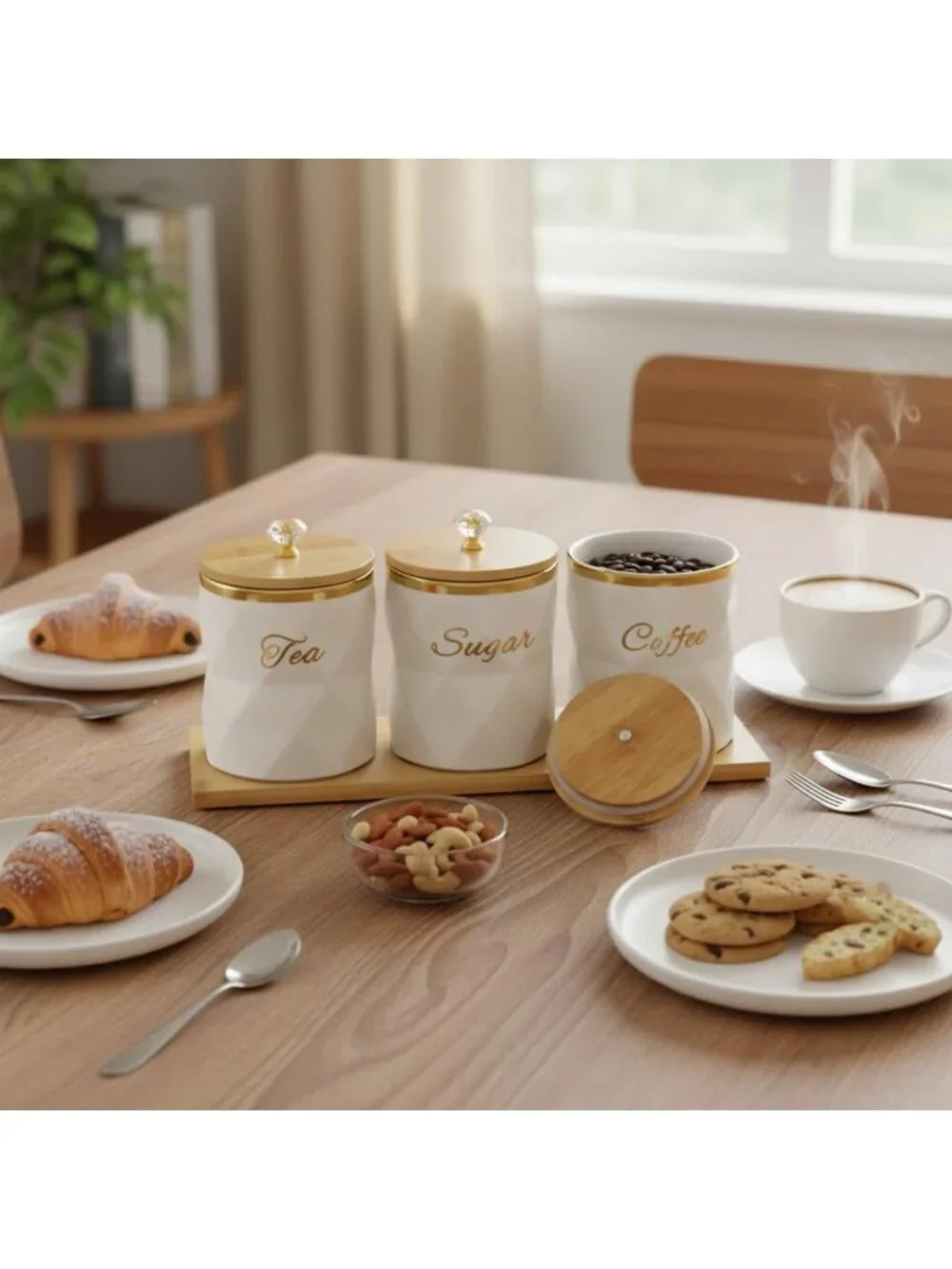 Set of 3 White Ceramic Canisters with Bamboo Lids - Airtight Storage for Coffee